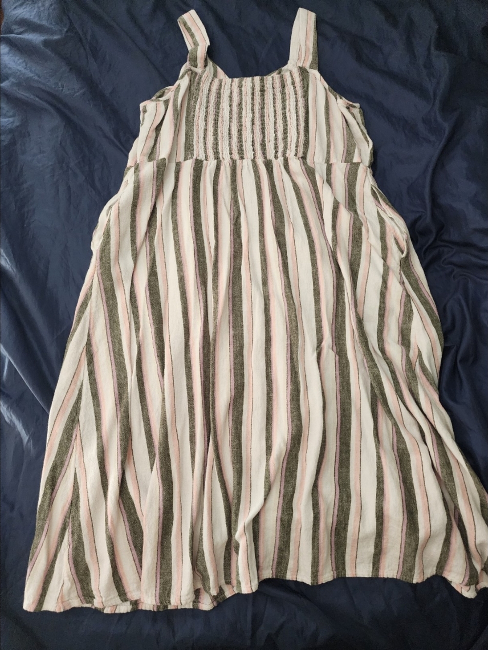 Terra & Sky Striped Button-Front Midi Dress in Pink and Olive - Picture 2 of 3